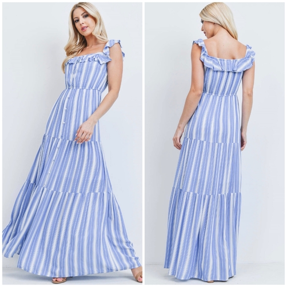 LAST 1❗PINK BLUSH Feminine Chic Blue White Stripes Tired Maxi Dress - Picture 4 of 6